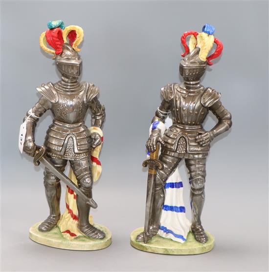 Two silvered ceramic figures of knights in armour on plinth bases (nos. 5816 and 6816 ), H 42cm